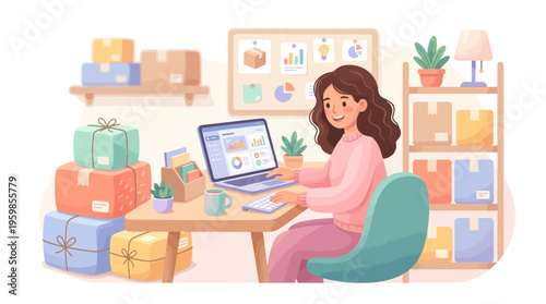 Young woman working on laptop surrounded by packages.