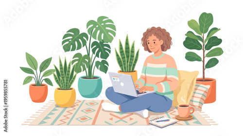 Young woman working on laptop surrounded by houseplants.