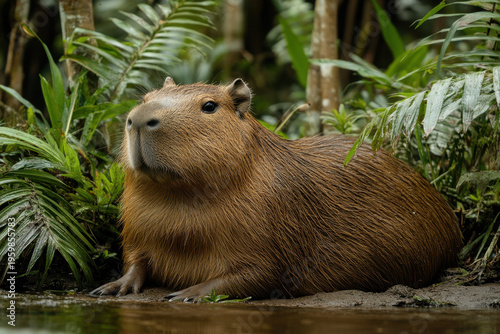 Capybara sitting by the water.