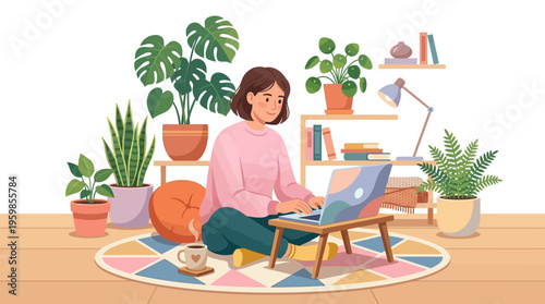 Young woman working on laptop surrounded by plants.