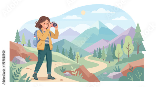 Young woman taking photos on a mountain trail.