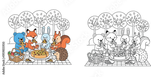 Cute Woodland Animals Enjoying a Pizza Picnic - Adorable Cartoon for Kids