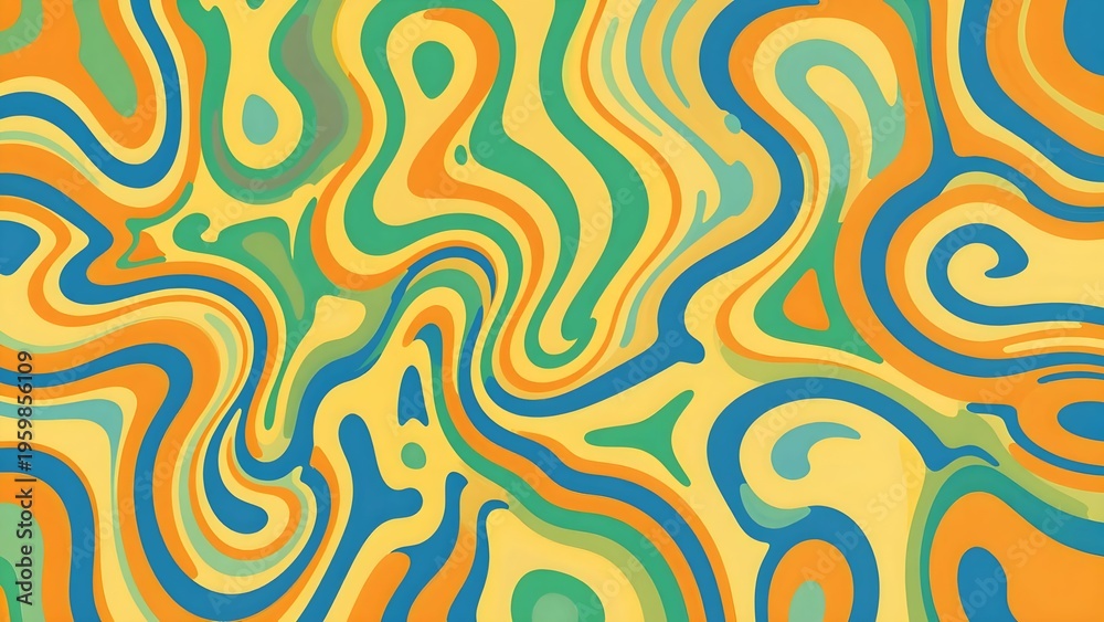 Obraz premium Psychedelic Swirl Pattern with Retro 70s Abstract Waves in Vibrant Color Palette.