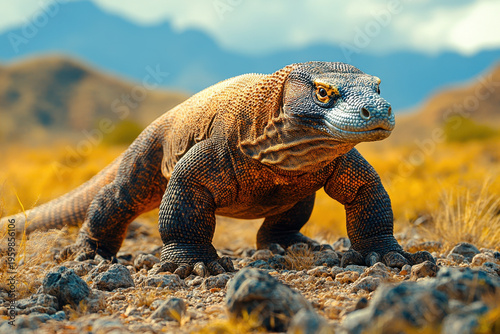 Large lizard walking on rocky field.