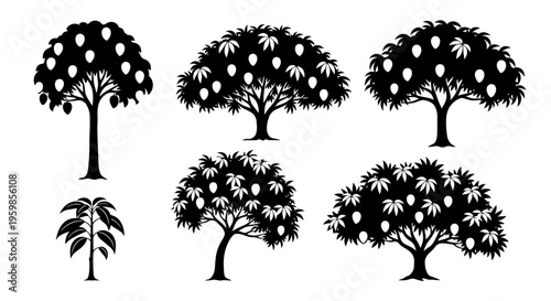 Mango Tree Silhouettes: Fruitful Plants and Tropical Nature Icons