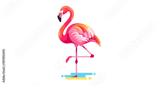 Vibrant Pink Flamingo Standing on One Leg Gracefully.