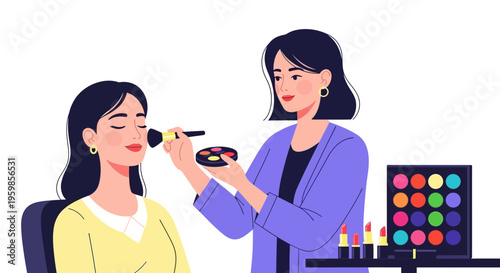 Woman applying makeup to another womans face.