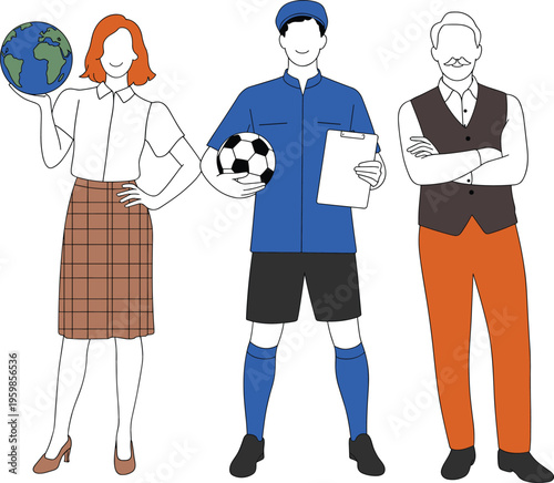 Different professions illustration showing woman with globe athlete with football and businessman standing confidently