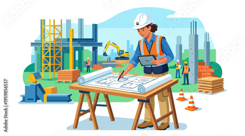 Woman architect reviewing blueprints on construction site tablet.