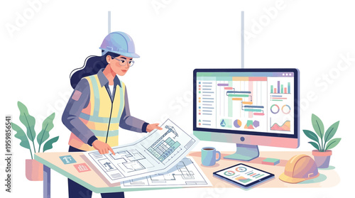 Woman architect reviewing blueprints at desk with computer.