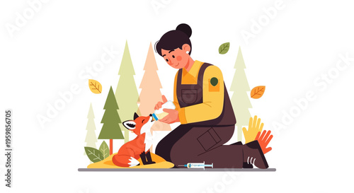 Woman caring for a fox in a forest setting.