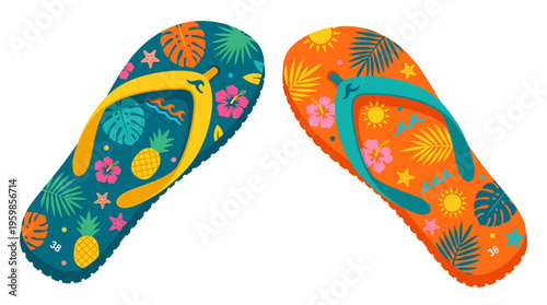 Vibrant Tropical Flip Flops with Pineapple and Floral Designs.