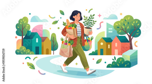 Woman carrying groceries and potted plant walking.