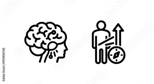 Brain function and personal growth icon set: cognitive processes and navigation with line art