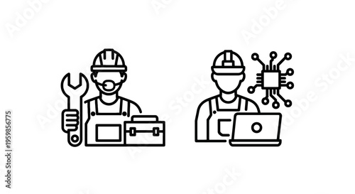 Skilled worker icon set: mechanic with tools and technician with computer with circuit board