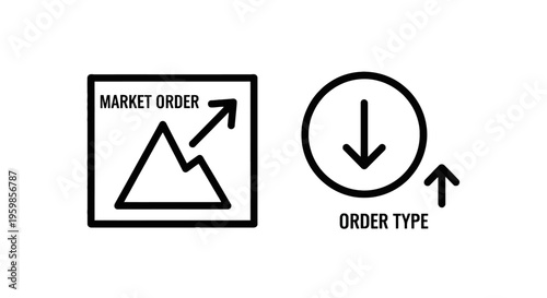 Stock market icons: market order graph and downward order type indicator with line art