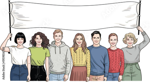 Group of diverse people holding blank banner smiling together unity teamwork community concept illustration