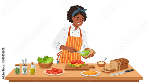 Woman Chef Preparing Delicious Sandwich Ingredients.