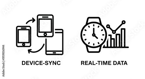 Device synchronization and real-time data watch icons: mobile sync and analytics with data analysis