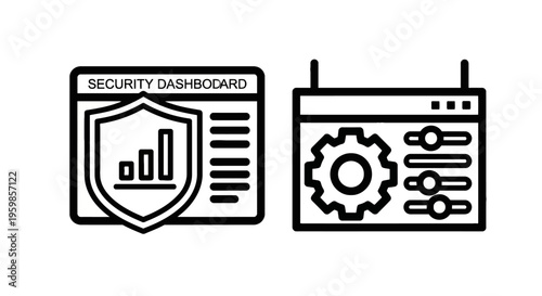 Security dashboard with shield icon and settings gear icon, cyber safety and system configuration symbols