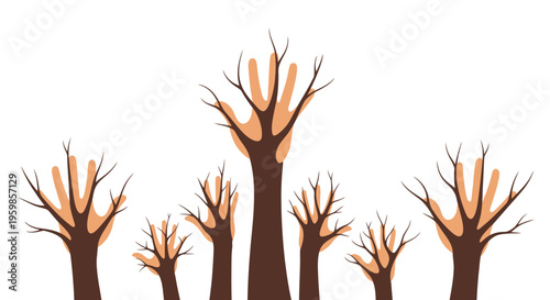 A group of bare trees with hands instead of branches on a white background