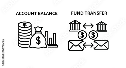 Account balance with coins and bag icon, fund transfer with banks and envelopes symbols, finance and banking icons, money icon