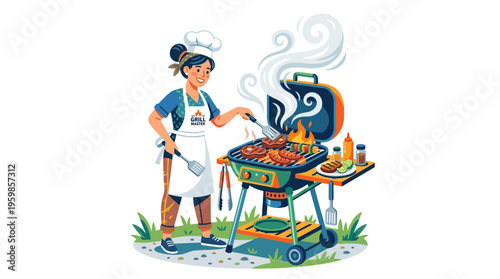 Woman cooking burgers on a barbecue grill outdoors.