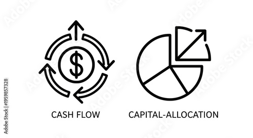 Cash flow and capital allocation pie chart icons for financial management and planning with black and white