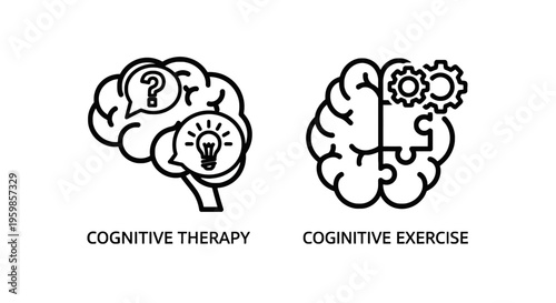 Cognitive therapy and cognitive exercise brain icons for mental health and learning with black and white