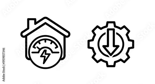 Home energy consumption icon and gear with down arrow icon for efficiency and reduction with black and white