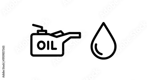 Oil can icon and oil drop icon for automotive, industrial, and mechanical lubrication, black and white