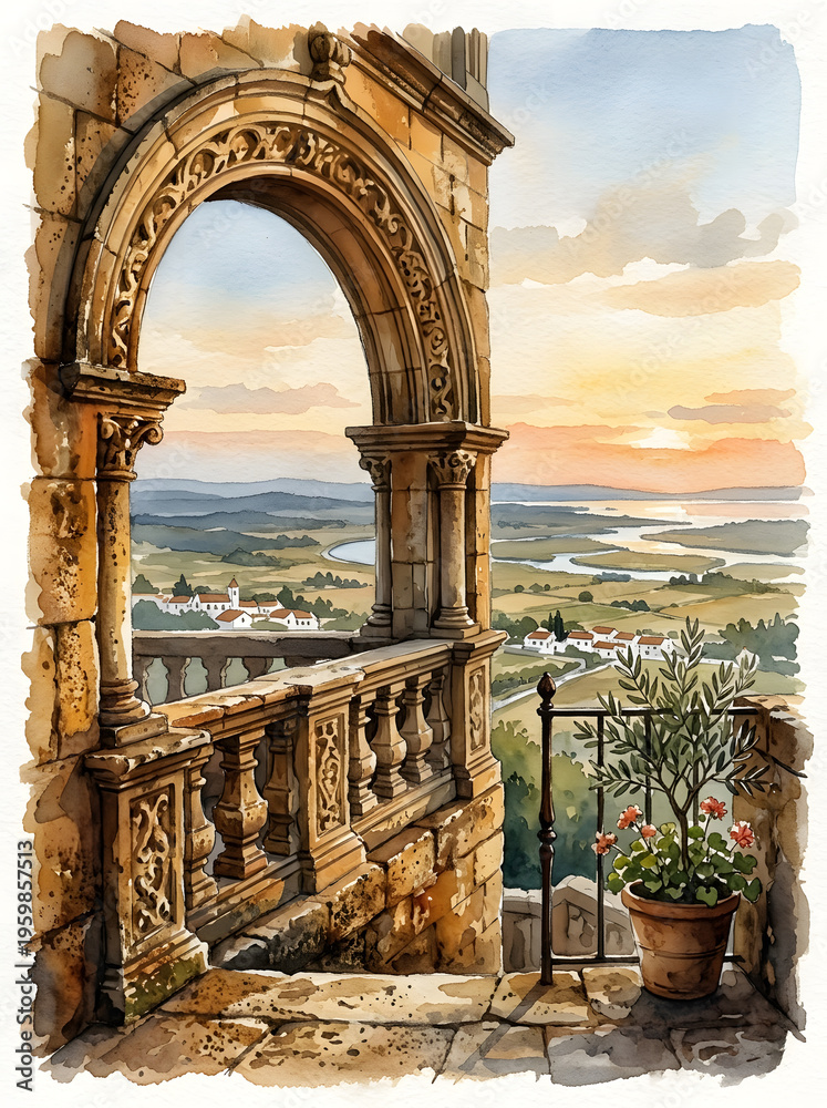 Fototapeta premium Stone Balcony Overlooking a Mediterranean Landscape at Sunset