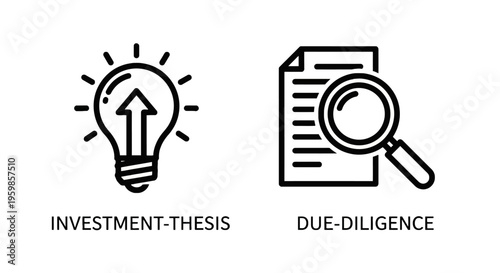Investment thesis and due diligence icons: lightbulb idea and magnifying glass on document with line art