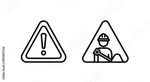 Construction warning and worker with shovel signs, safety and hazard symbols, line art