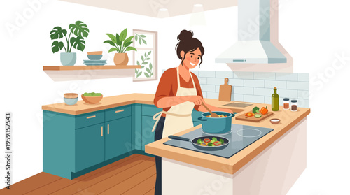 Woman cooking healthy food in a modern kitchen.