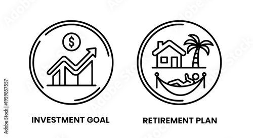 Investment goal and retirement plan icons showing financial growth and happy vacation lifestyle with line art