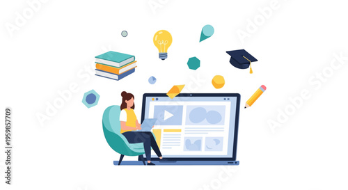 E-Learning and Online Education Concept. Student studies on laptop, surrounded by books, lightbulb, and graduation symbols.