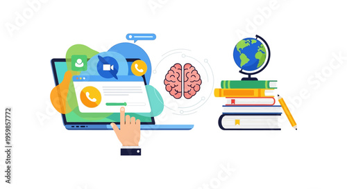 Online Education and E-Learning Platform Concept. Digital Knowledge Acquisition, Remote Tutoring, Technology Integration, Brain & Study Materials Illustration.