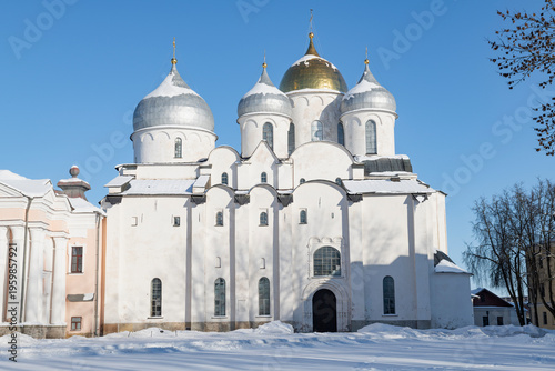 The ancient Cathedral of Saint Sophia, the Wisdom of God, on a sunny February day. The Kremlin of Veliky Novgorod