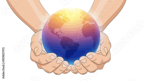 Hands Holding Globe with Yellow Orange Purple Gradient vector icon