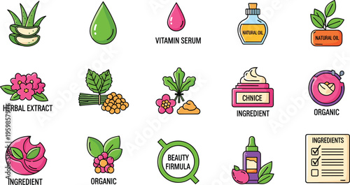 Natural organic ingredients and herbal skincare formula icon set