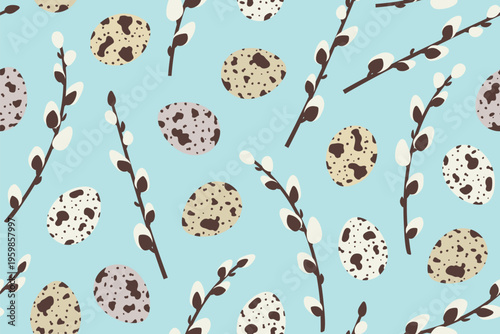 quail eggs and pussy willow twigs seamless pattern, spring botanical background inspired by Easter and natural branches - vector illustration