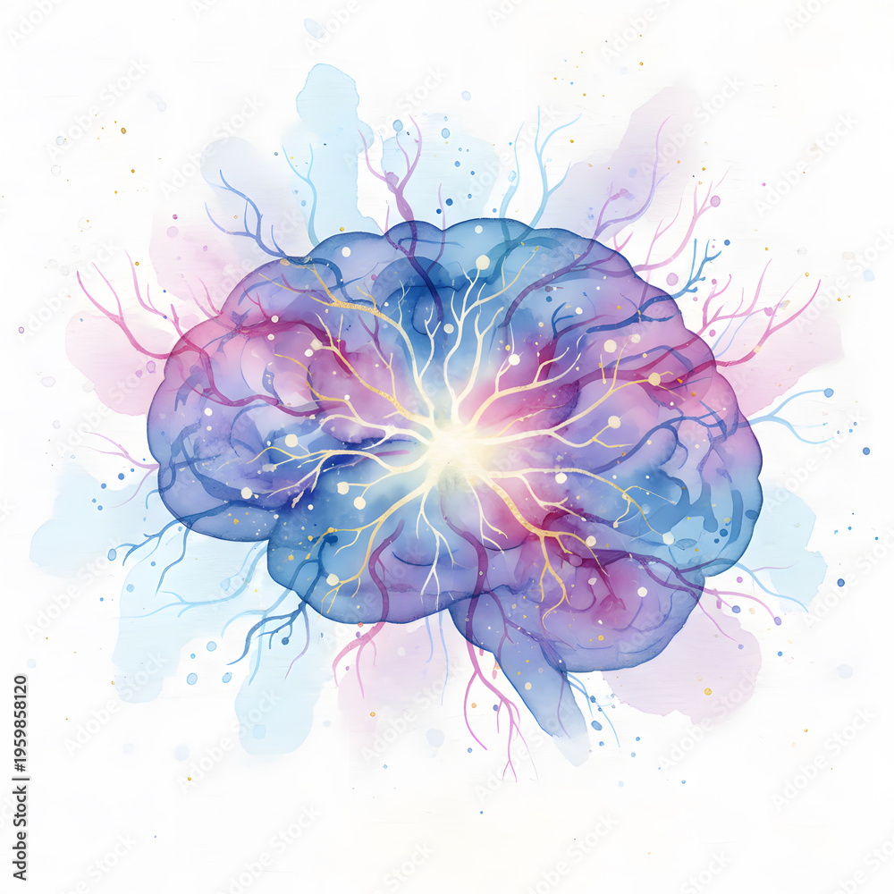 Obraz premium Watercolor Human Brain with Glowing Neural Network