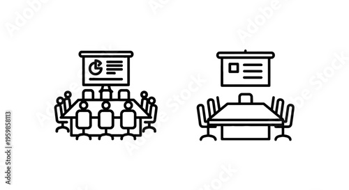 Business meeting icons: presentation board and people around table, plus empty conference table, white background