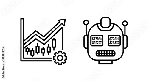 Financial trading robot icon with rising stock market graph and gear symbol with white background
