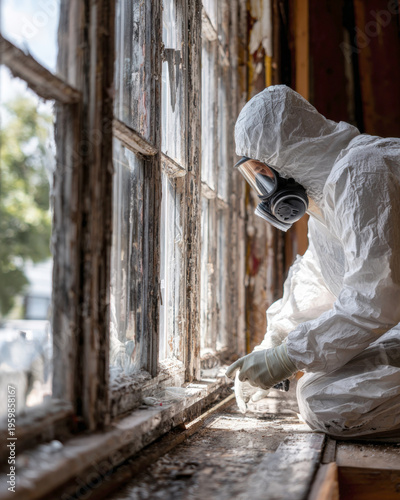Professional Specialist in White Protective Hazmat Suit and Respirator Gas Mask Performing Toxic Asbestos Removal or Lead Paint Remediation in Old Abandoned Building Near Large Vintage Glass Windows