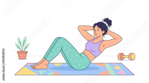 Woman doing crunches on yoga mat with dumbbell.