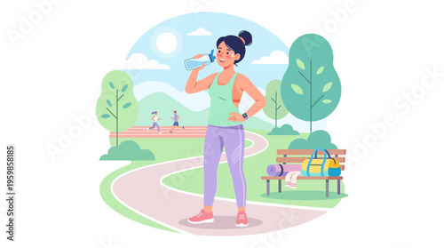 Woman drinking water after outdoor exercise session.