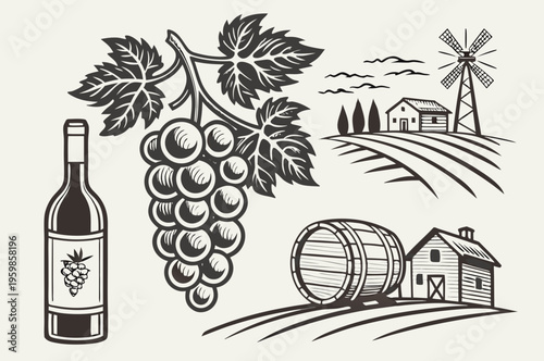 Rustic vineyard symbols: wine, grapes, and countryside icons in woodcut style .vector icon