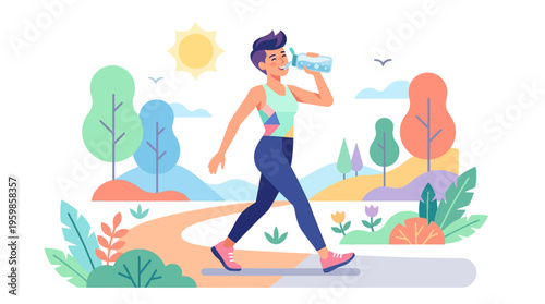 Woman drinking water during outdoor walk exercise.